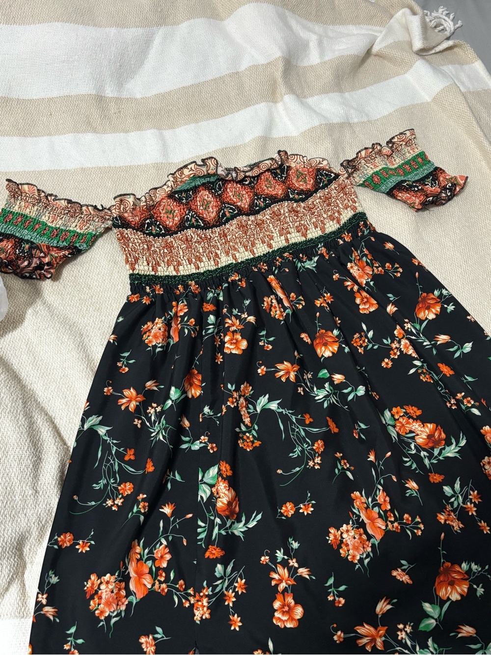 SHEIN Black Off-Shoulder Smocked Dress with Orange Floral Print